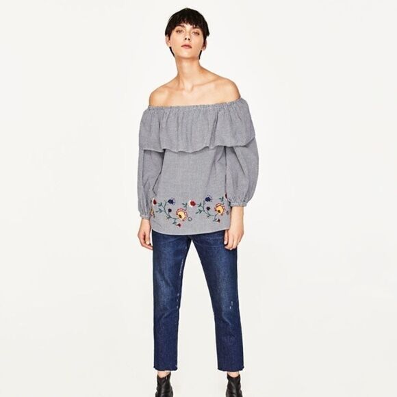 Zara EMBROIDERED GINGHAM  COTTON BLOUSE C15 - Picture 4 of 10